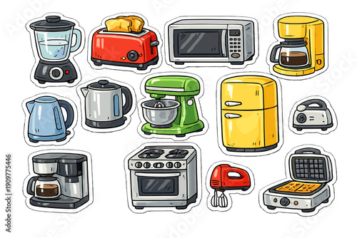 A collection of colorful kitchen appliance stickers featuring a blender, toaster, microwave, coffee maker, kettle, mixer, refrigerator, and stove on a black background.