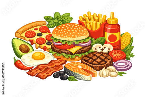 A colorful illustration featuring a variety of food items including a burger, pizza, french fries, salmon, steak, and vegetables arranged together on a black background.