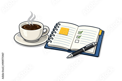 A cartoon illustration featuring a steaming cup of black coffee on a saucer, an open spiral notebook with a checklist and sticky note, and a black pen on a dark background.