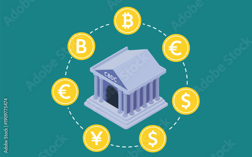 Isometric bank building labeled CBDC surrounded by various digital and traditional currency symbols