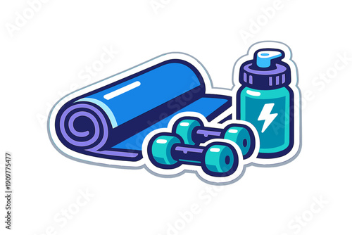 A vector illustration of fitness equipment including a rolled-up blue yoga mat, two teal dumbbells, and a sports water bottle with a lightning bolt icon on a black background.
