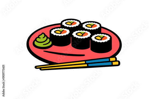 A flat cartoon illustration of five sushi maki rolls served on a red plate with a dollop of green wasabi and a pair of yellow and blue chopsticks against a black background.