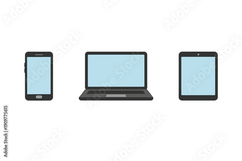 This flat vector illustration shows a smartphone, a laptop, and a tablet computer with light blue screens arranged in a horizontal row against a solid black background.