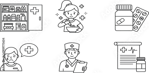 Medical healthcare icon set featuring pharmacy cabinet, female pharmacist, pills, crying patient, male doctor with clipboard, and medical prescription document. 