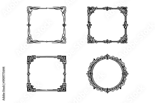 A collection of four decorative frames including three square borders with ornate corners and one circular frame with a floral pattern, all set against a solid black background.
