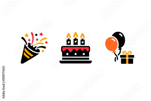 A set of three minimalist birthday celebration icons featuring a party popper with confetti, a cake with three lit candles, and a balloon next to a gift box on a black background.