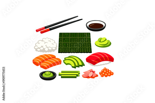 Vector illustration of various sushi components such as fresh fish, nigiri, rice, seaweed, and condiments like wasabi and ginger, accompanied by black chopsticks and soy sauce.