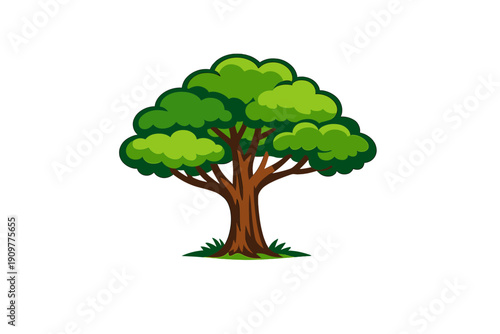 This vector illustration features a vibrant green tree with a sturdy brown trunk and multiple branches, set against a black background with a small patch of grass at its base.
