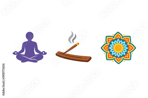 Three stylized icons representing meditation and spirituality, including a person in a lotus pose, a burning incense stick on a holder, and a colorful mandala design.