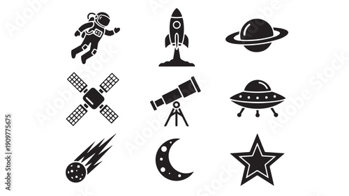 Set of 9 Space and Astronomy Icons Vector