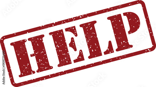 A weathered red rubber stamp prominently shows the word HELP with a distressed texture on a bright white background