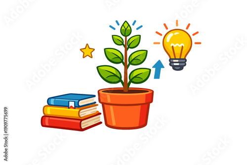 A vector illustration shows a growing green plant in a pot beside a stack of colorful books, accompanied by a glowing light bulb and an arrow symbolizing knowledge and growth.