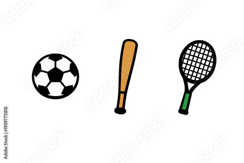 A simple illustration featuring a white baseball, an orange baseball bat, and a black tennis racket with a green handle, all set against a solid black background.