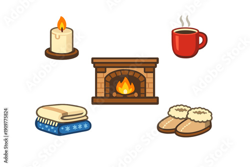 A collection of cozy winter icons including a lit candle, a steaming red mug, a brick fireplace with a fire, a stack of folded blankets, and a pair of fuzzy slippers on a black background.