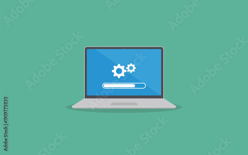 Laptop computer screen showing a system update in progress with gears and a loading bar