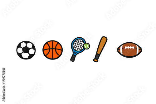 A collection of five sports equipment icons including a soccer ball, basketball, tennis racket, baseball bat, and American football, arranged horizontally on a black background.