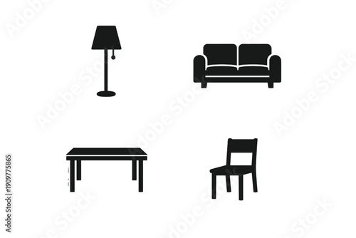 This image features black silhouettes of common household furniture items including a floor lamp, a two-seater sofa, a rectangular table, and a simple wooden chair on a white background.