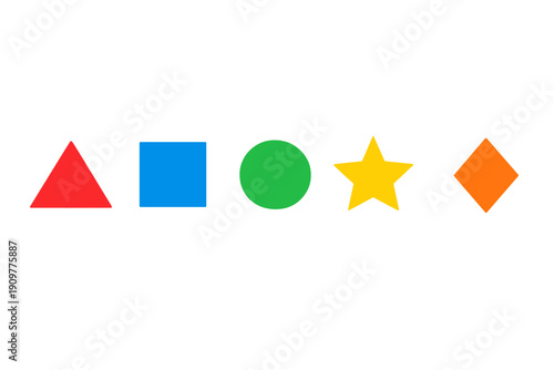 A horizontal row of five colorful geometric shapes including a red triangle, blue square, green circle, yellow star, and orange diamond, all set against a solid black background.