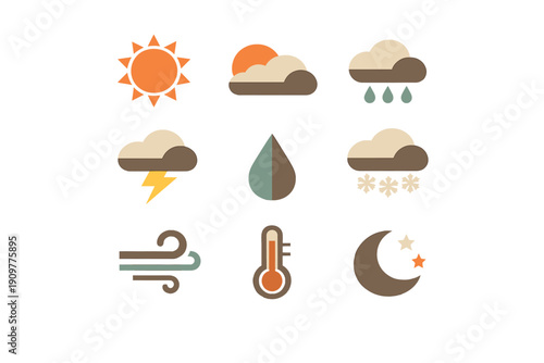 A collection of nine weather icons featuring sun, clouds, rain, lightning, snow, wind, a thermometer, and a moon with stars, all designed in a retro flat style on a black background.