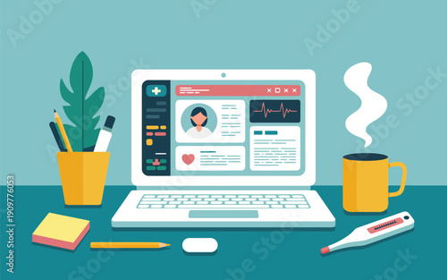 Laptop displaying patient medical record on screen with a digital thermometer and steaming coffee cup