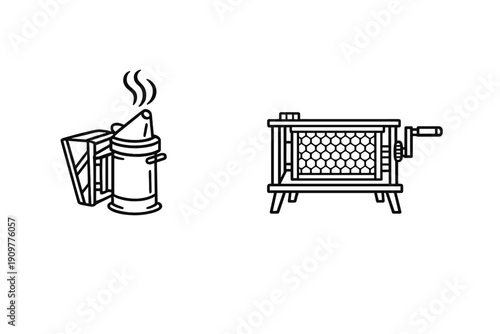A black and white line art illustration featuring a bee smoker with rising smoke and a honey extractor machine containing a honeycomb frame, representing essential beekeeping tools.