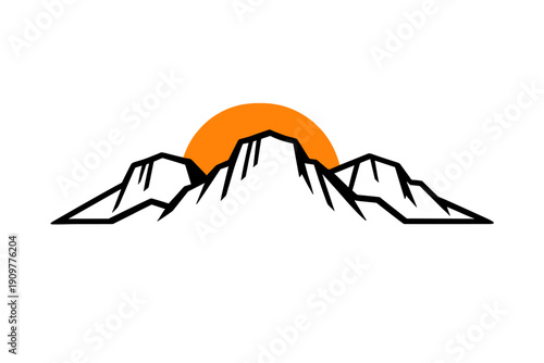A minimalist graphic illustration of a black mountain range silhouette with a large orange sun rising behind the central peak, set against a solid black background.