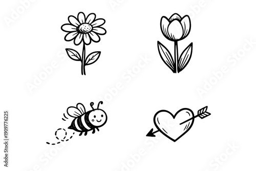 A collection of four simple hand-drawn illustrations featuring a sunflower, a tulip, a cute cartoon bee with a flight path, and a heart pierced by an arrow on a black background.