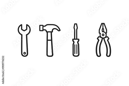 A minimalist black and white line art illustration featuring four common hand tools: a wrench, a hammer, a screwdriver, and a pair of pliers arranged in a horizontal row.