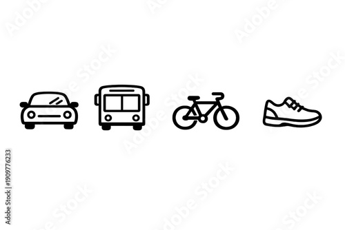 A minimalist black and white line art illustration featuring four icons representing different modes of transportation: a car, a bus, a bicycle, and a sneaker for walking.