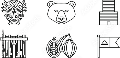 Tribal mask, grizzly bear head, modern office building, wooden fence gate, organic cocoa beans, and geometric flag vector icon collection. 