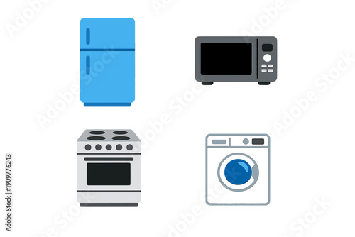 A collection of four flat vector icons representing common household appliances including a blue refrigerator, a gray microwave, a white stove, and a white washing machine on a black background.