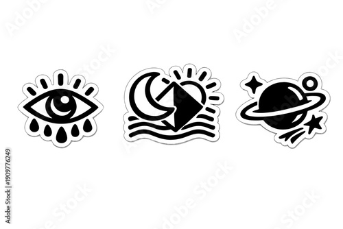 Three black and white sticker-style icons featuring a crying eye, a celestial scene with a moon and sun over waves, and a ringed planet with stars against a dark background.