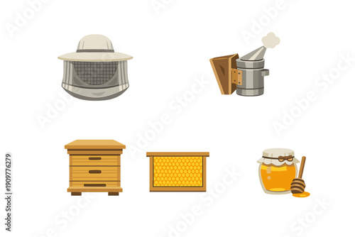 A collection of beekeeping equipment icons including a protective hat with a veil, a smoker, a wooden beehive, a honeycomb frame, and a jar of honey with a wooden dipper.