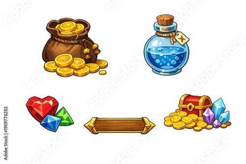 A collection of fantasy game icons including a bag of gold coins, a blue potion bottle, colorful gems, a wooden banner, and a treasure chest with crystals on a black background.