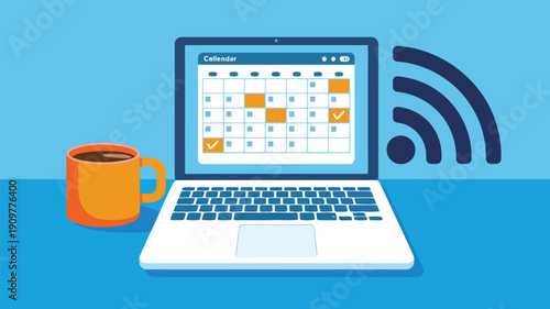 Laptop screen displaying a comprehensive calendar application with multiple scheduled events and completed tasks
