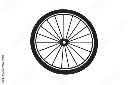 A minimalist black and white illustration of a spoked wheel featuring a central hub and thin spokes radiating to a thick outer rim against a dark background.