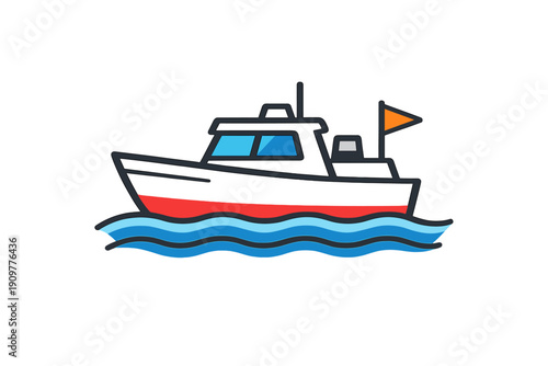 A flat design illustration of a motorboat with a black hull and red bottom sailing on stylized blue waves. The vessel includes a cabin with windows and a small orange flag.
