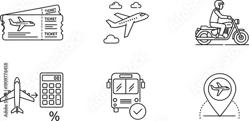 Travel and transportation icon set featuring airplane tickets, flying plane in clouds, motorcycle delivery, flight booking calculator, bus arrival, and location pin.Travel and 