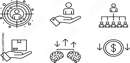 Business management and human resources icon set featuring target audience, employee care, organizational hierarchy, product delivery, knowledge sharing, and financial 