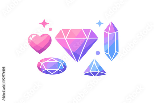 A collection of stylized faceted gemstones and crystals in pink, purple, and blue gradients. The set includes a heart, diamond, and various crystal shapes on a black background.