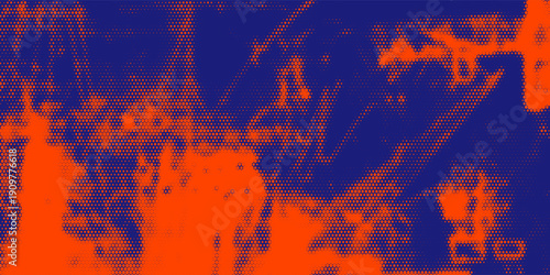 Abstract halftone pattern with red and blue graffiti splashes and drips on dark background, representing modern street art and pop art concept. Vector illustration