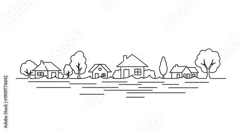 Simple black and white line drawing of a small town skyline with trees