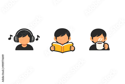 Three minimalist cartoon icons of a person engaged in different activities including listening to music with headphones, reading a yellow book, and holding a steaming mug of coffee.