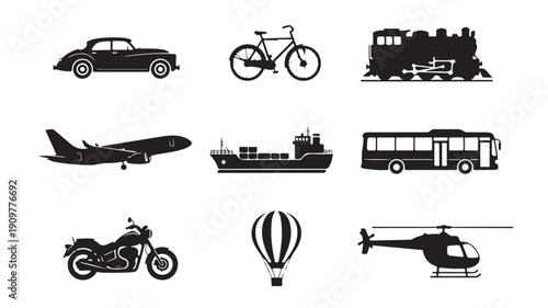 Various modes of transportation illustrated in black silhouettes against a clean background, including vehicles, aircraft, and vessels, depicted from different viewpoints.