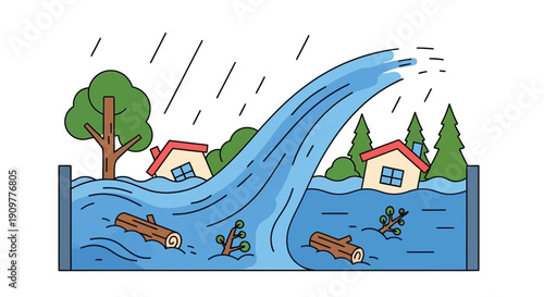 Illustration depicting a flood with houses trees and debris in the water