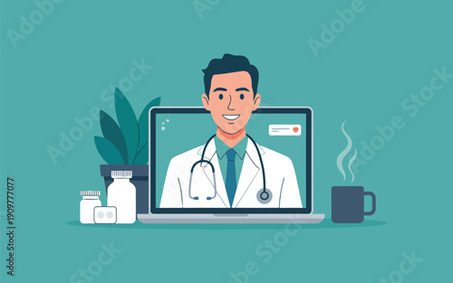Male doctor on a laptop screen provides remote consultation with medical items nearby