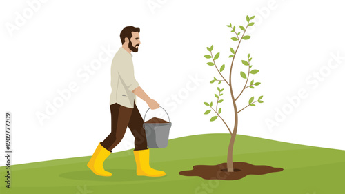 Man in garden boots carrying soil bucket tending a small tree on green grass