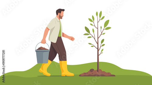 Man in yellow boots planting a young tree on a green hill with a bucket of soil