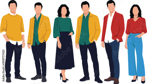 Minimalist vector illustration of a diverse group of stylish business professionals standing together, wearing colorful modern casual office attire