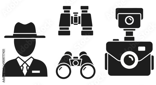 Detective or spy character with surveillance equipment icons including binoculars and camera on a white background representing investigation and monitoring
